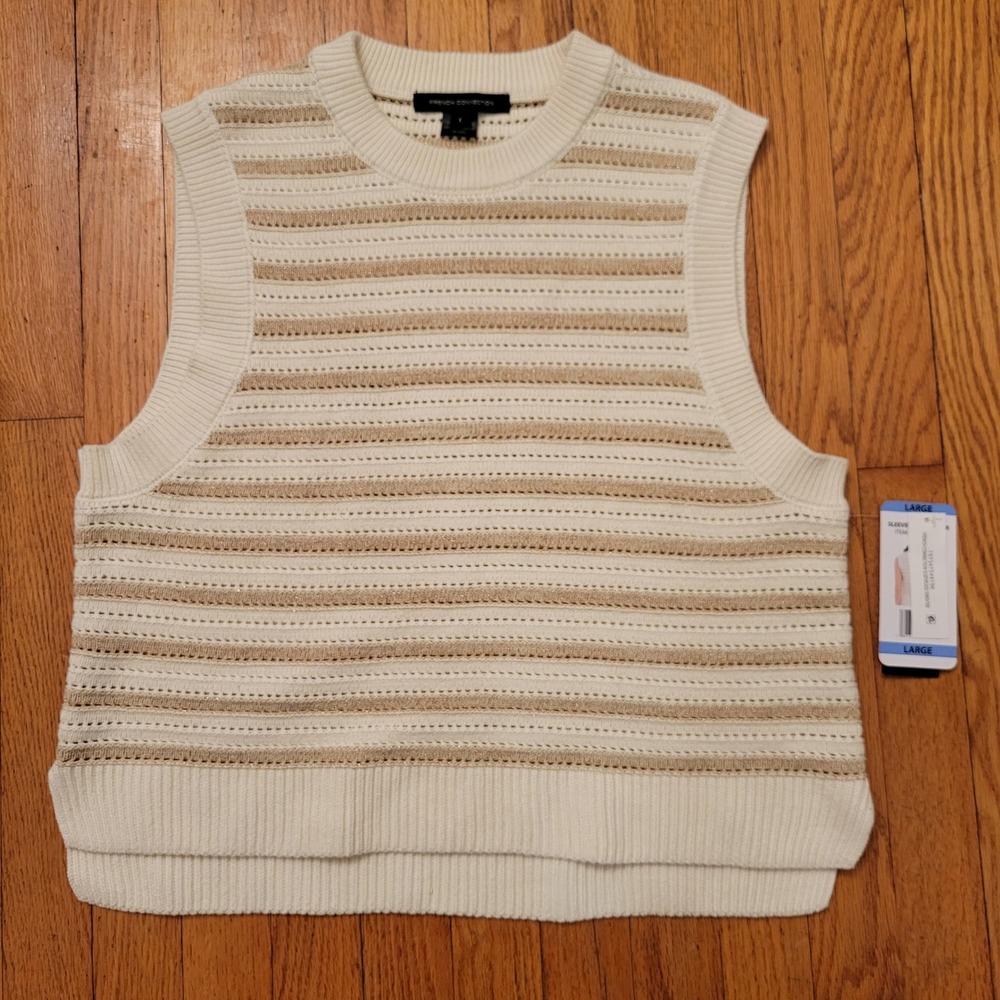 FRENCH CONNECTION Ivory Gold Metallic Stripe‎ Knit Sleeveless Sweater Vest Top L